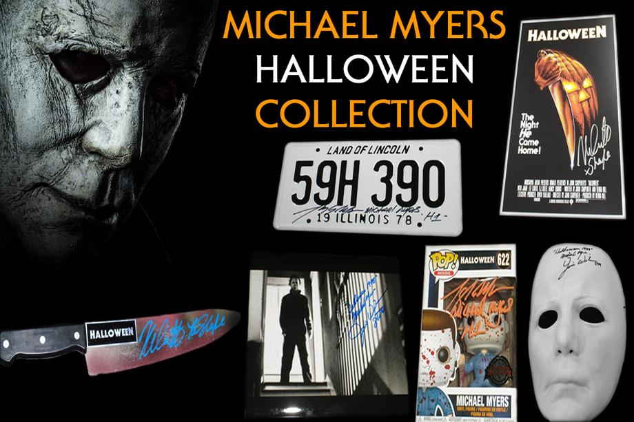Montage of Michael Myers Halloween Collection including a signed knife, Illinois license plate replica, Funko Pop figure, movie poster, and mask. The collection showcases memorabilia from the classic horror film 'Halloween' for fans and collectors.