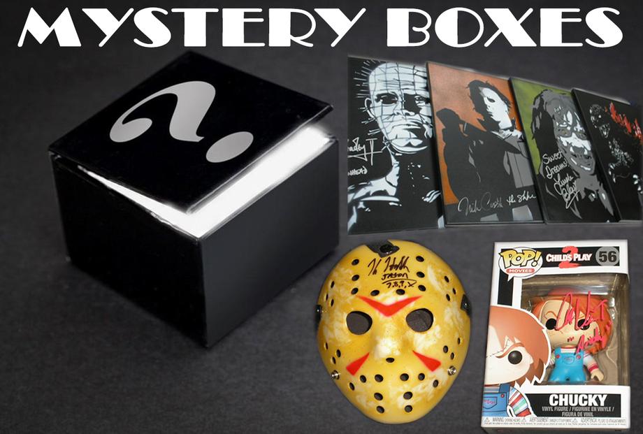 A promotional image for 'Mystery Boxes' featuring a sleek black box with a question mark, alongside horror memorabilia including a Jason mask, signed horror icon portraits, and a 'Child's Play' Chucky Funko Pop figure.