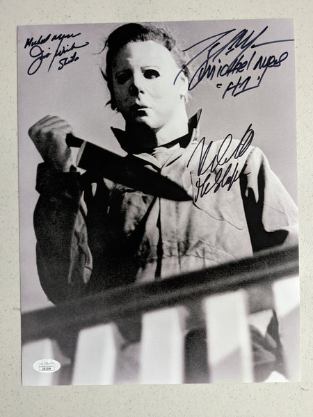 3X Michael Myers NICK CASTLE & TONY MORAN & JIM WINBURN Signed HALLOWEEN 10x13 Photo JSA COA b