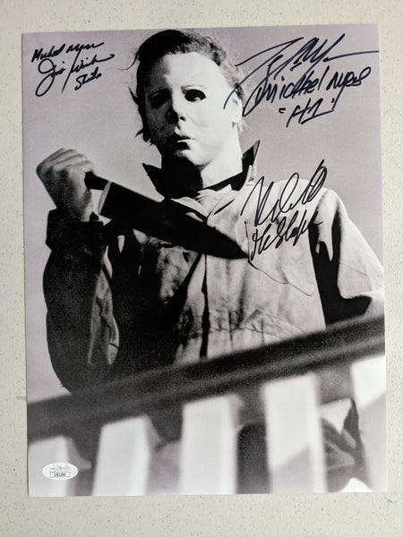 10x13 Halloween photo signed by Nick Castle, Tony Moran, and Jim Winburn as Michael Myers with JSA COA authentication.