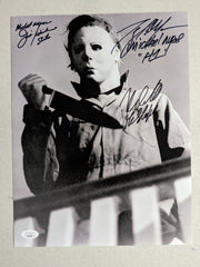 3X Michael Myers NICK CASTLE & TONY MORAN & JIM WINBURN Signed HALLOWEEN 10x13 Photo JSA COA b