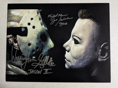 JIM WINBURN & WARRINGTON GILLETTE 2X Signed Jason Voorhees vs Michael Myers 10x13 Photo