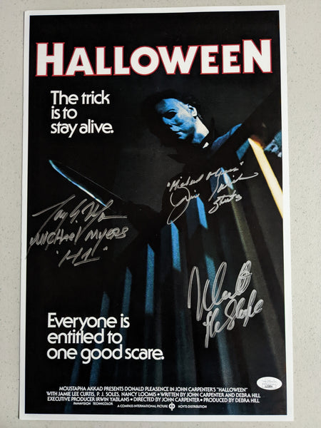 Rare 11x17 signed Halloween poster featuring inscriptions by Castle as The Shape, Moran and Winburn as Michael Myers, certified by JSA.