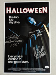 3X Michael Myers NICK CASTLE & TONY MORAN & JIM WINBURN Signed HALLOWEEN 11x17 Poster JSA COA A