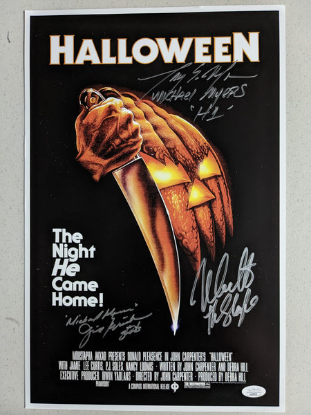 Collectible 11x17 Halloween poster autographed by Nick Castle, Tony Moran, and Jim Winburn, authenticated by JSA or BAS.