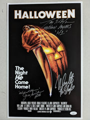 3X Michael Myers NICK CASTLE & TONY MORAN & JIM WINBURN Signed HALLOWEEN 11x17 Poster JSA COA B