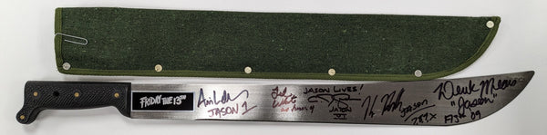 Five Jason Voorhees actors signed steel machete from Friday the 13th, with inscriptions and BAS COA authentication.