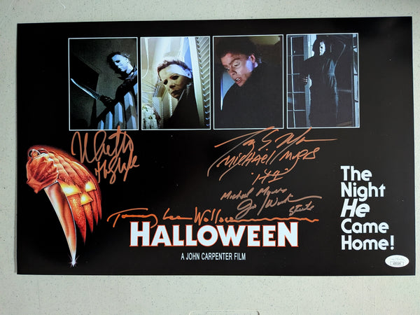 NICK CASTLE TONY MORAN JIM WINBURN TOMMY LEE WALLACE 4x Signed HALLOWEEN 10x13 Photo JSA COA - HorrorAutographs.com