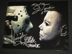 JIM WINBURN & WARRINGTON GILLETTE 2X Signed JasonVoorhees vs Michael Myers 8X10 Photo JSA COA A