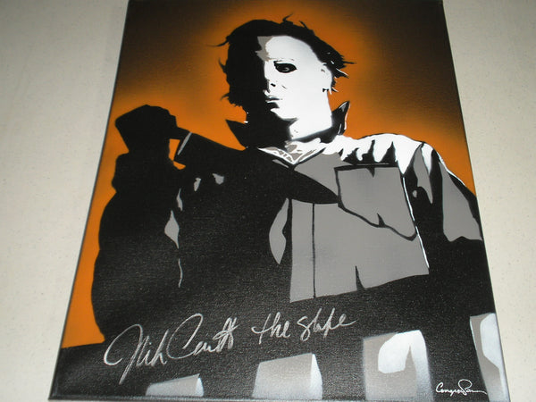 Nick Castle autographed original Halloween pop art painting of Michael Myers 'The Shape,' 16x20 canvas with HorrorAutographs COA.