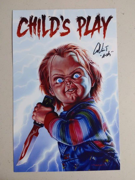 Child's Play 11x17 signed movie poster by Alex Vincent as 'Andy,' complete with authentication, horror film memorabilia.