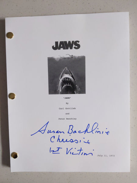 Susan Backlinie Signed Replica Jaws Movie Script Autograph Chrissie 1st Victim Inscription COA