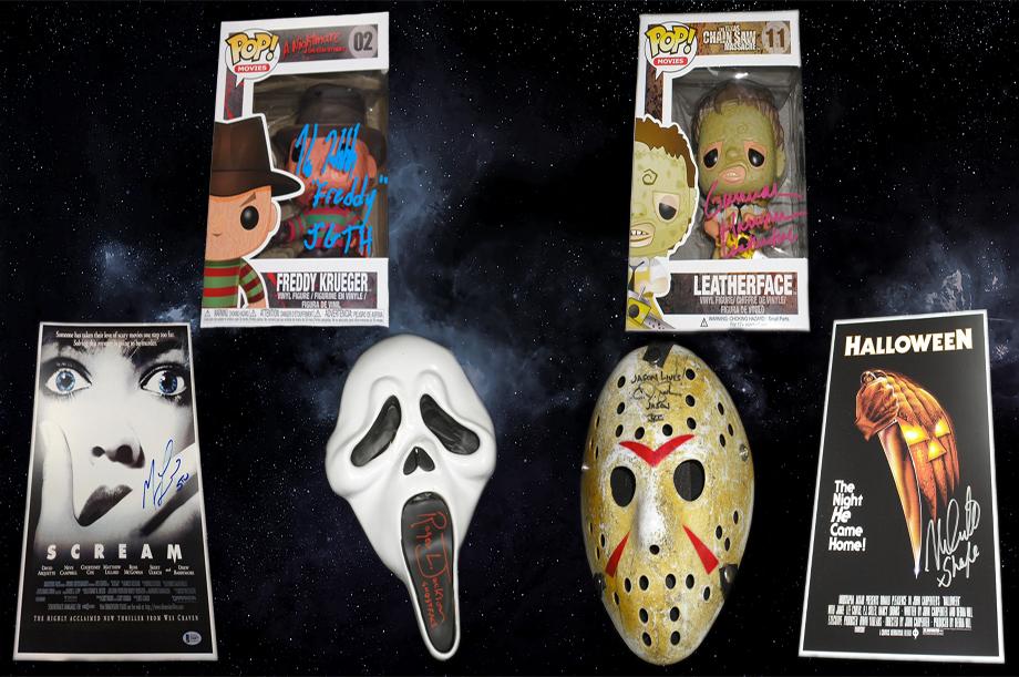 Collection of signed horror memorabilia featuring a 'Nightmare on Elm Street' Freddy Krueger Funko Pop, 'Texas Chainsaw Massacre' Leatherface Funko Pop, signed 'Scream' movie poster, and a 'Halloween' movie poster with a Jason mask in front. Unique collectibles for horror enthusiasts.