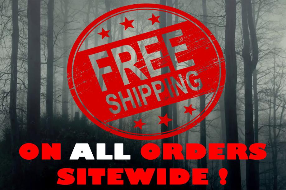 Promotional banner stating 'FREE SHIPPING ON ALL ORDERS SITEWIDE!' with a striking red stamp overlay on a moody, misty forest backdrop, highlighting the special offer for horror memorabilia collectors.