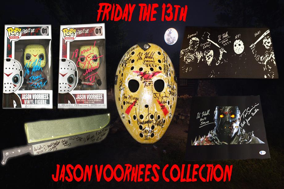 Collage for the 'Friday the 13th' Jason Voorhees Collection featuring two Funko Pop figures of Jason, a signed machete, a hockey mask with autographs, and artwork with iconic scenes from the franchise, all under a full moon setting.