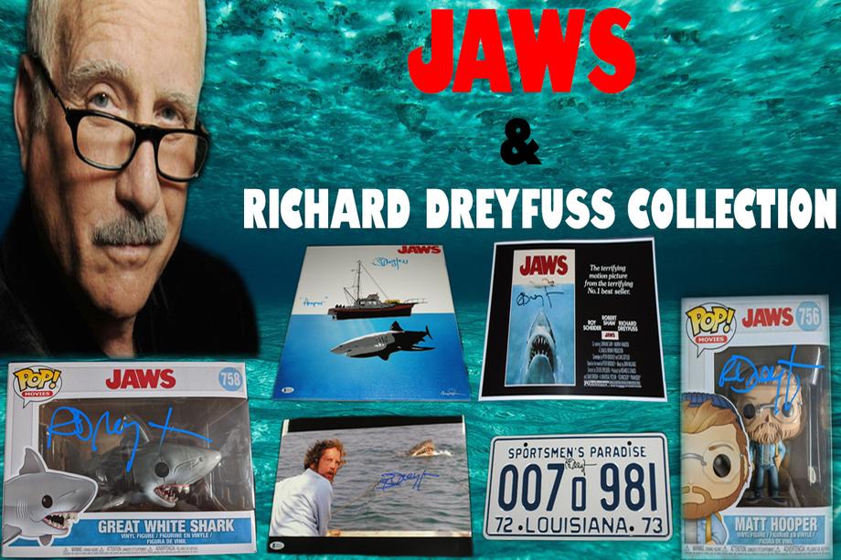 Featured collection of 'Jaws' and Richard Dreyfuss memorabilia including signed Funko Pop figures of the Great White Shark and Matt Hooper, a 'Jaws' movie poster, and a photo, all accompanied by an image of Richard Dreyfuss.
