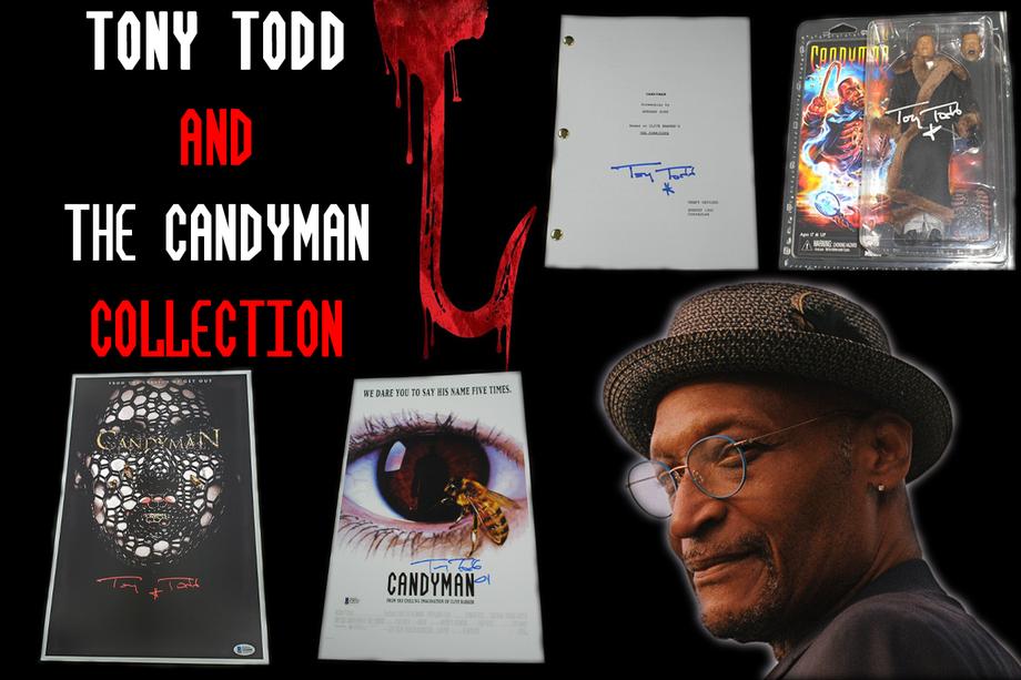 Assortment from the Tony Todd and 'Candyman' collection, featuring signed 'Candyman' movie posters, a script cover with Tony Todd's autograph, and an action figure of the actor in character, set against a portrait of Tony Todd wearing a hat.