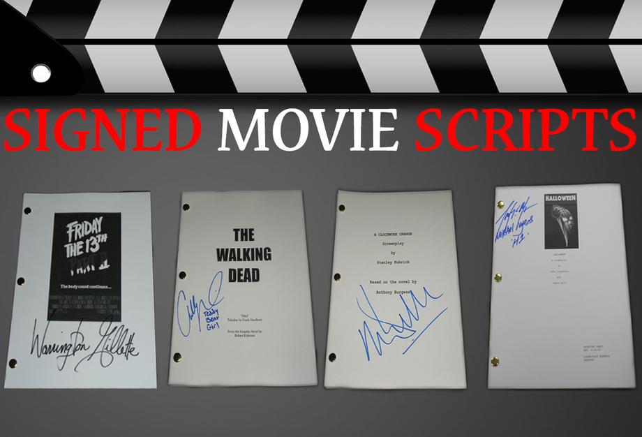 Collection of signed scripts from classic horror films and series, featuring 'Friday the 13th', 'The Walking Dead', and 'Halloween', presented on a wall with a film clapboard design and 'SIGNED MOVIE SCRIPTS' title above.